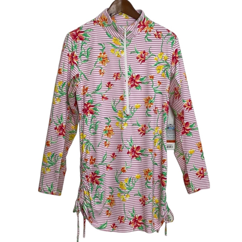 New IBKUL Tunic Womens Large Pink Floral Stripe Long Sleeve Mesh Golf Top